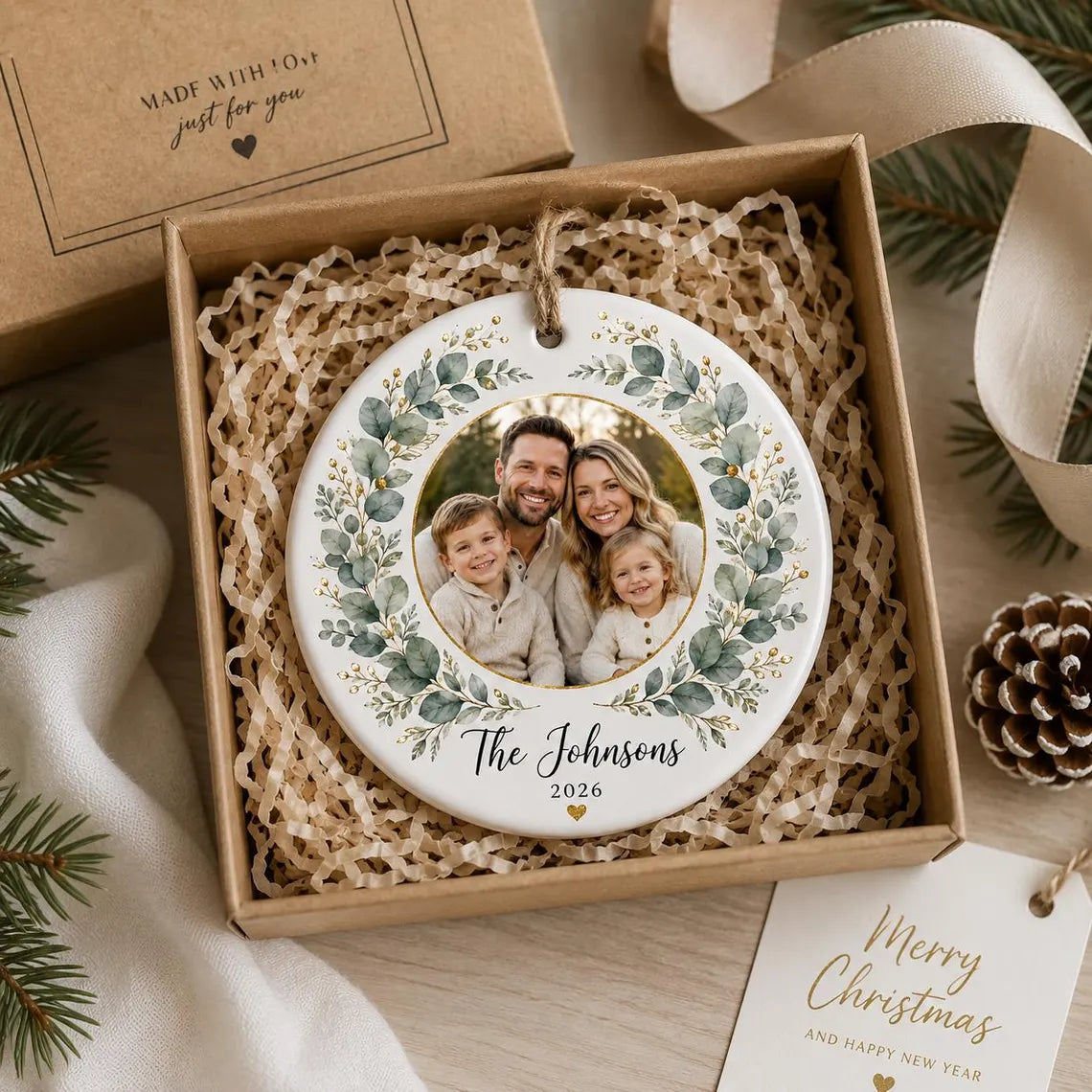 Family Portrait Christmas Custom Family Name Date Photo Family Round Ceramic Christmas Ornament Family