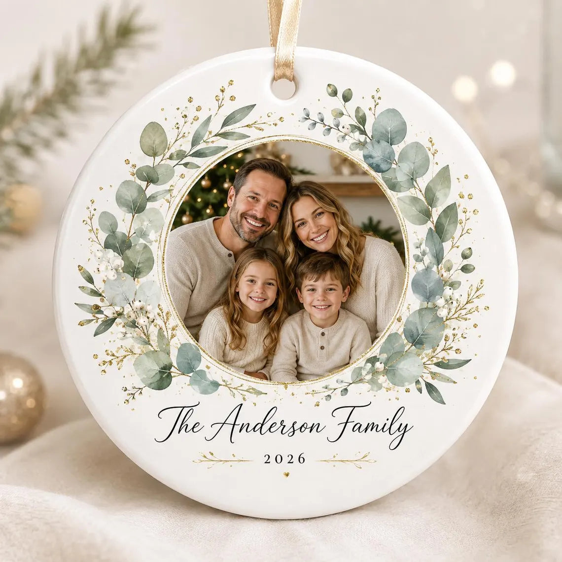 Family Portrait Christmas Custom Family Name Date Photo Family Round Ceramic Christmas Ornament Family