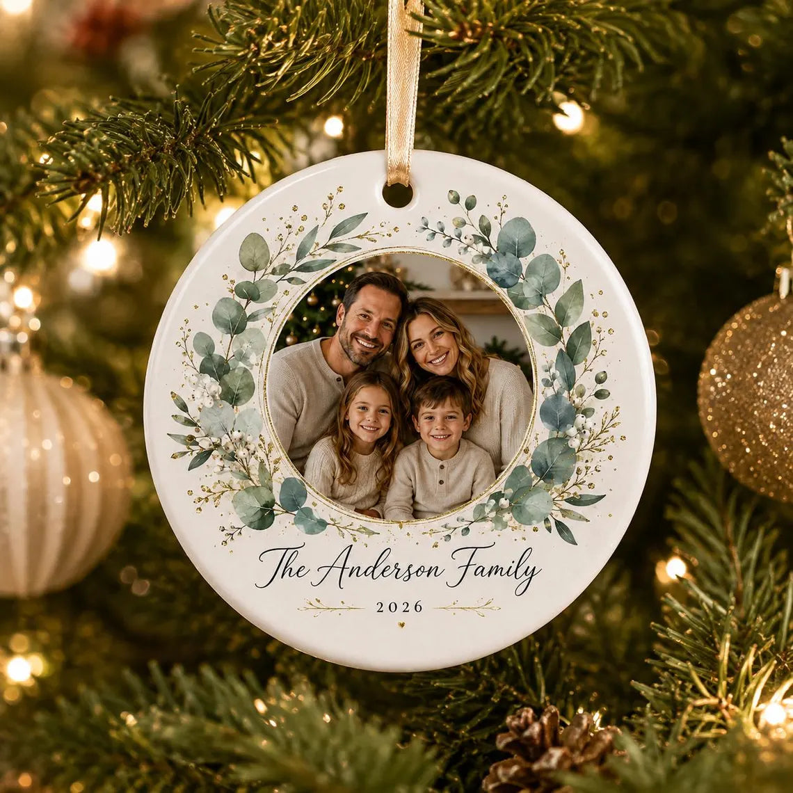 Family Portrait Christmas Custom Family Name Date Photo Family Round Ceramic Christmas Ornament Family