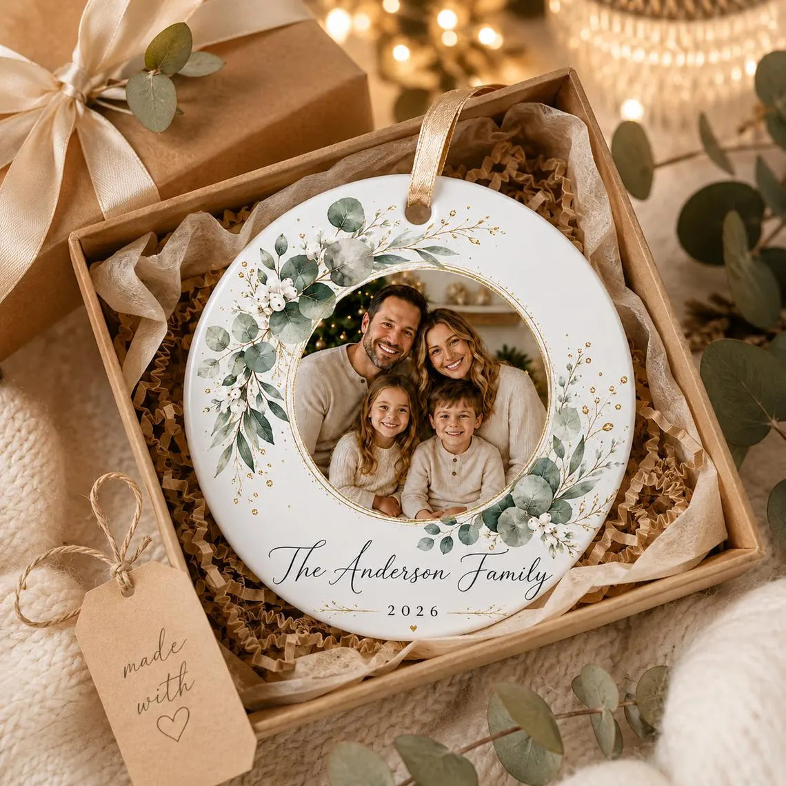 Family Portrait Christmas Custom Family Name Date Photo Family Round Ceramic Christmas Ornament Family