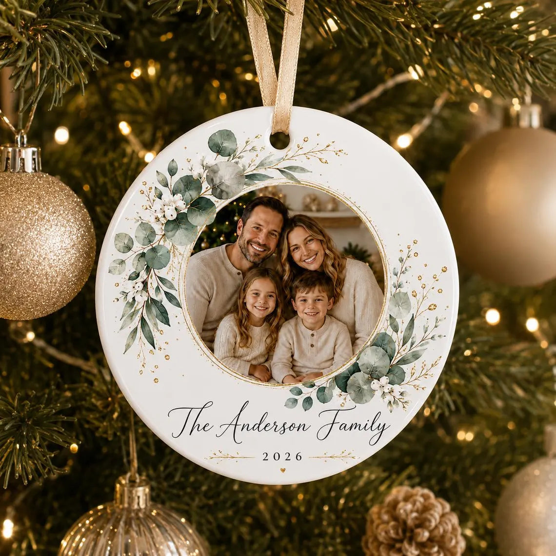 Family Portrait Christmas Custom Family Name Date Photo Family Round Ceramic Christmas Ornament Family