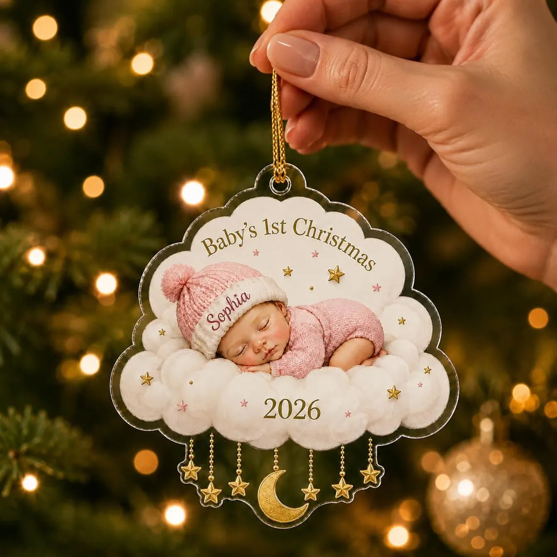 Baby's First Christmas Sleeping Baby Cloud Custom Name Date Acrylic Christmas Ornament Baby