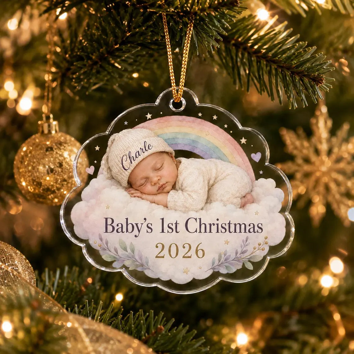 Baby's First Christmas Sleeping Baby Rainbow Custom Name Date Acrylic Christmas Ornament Baby