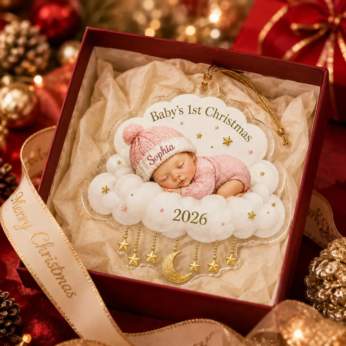 Baby's First Christmas Sleeping Baby Cloud Custom Name Date Acrylic Christmas Ornament Baby