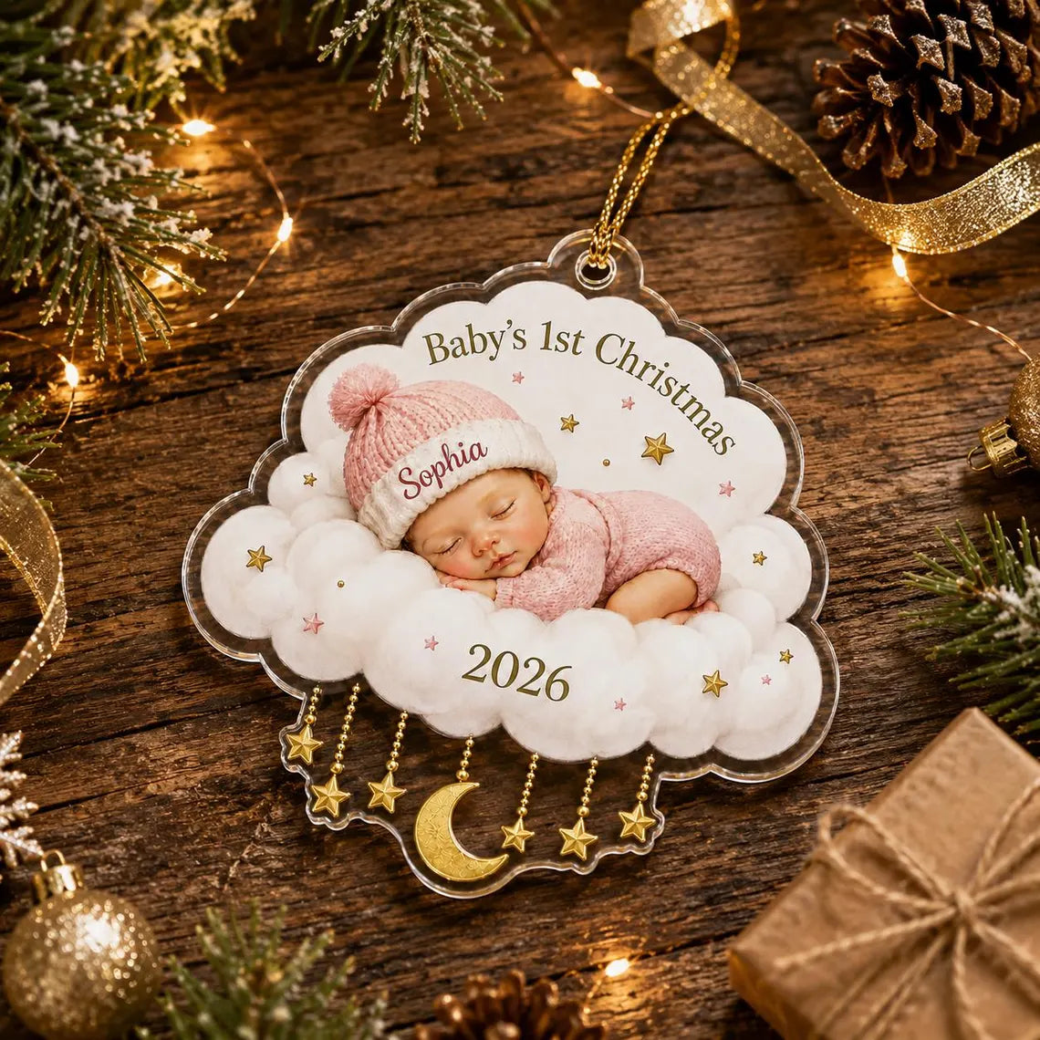 Baby's First Christmas Sleeping Baby Cloud Custom Name Date Acrylic Christmas Ornament Baby