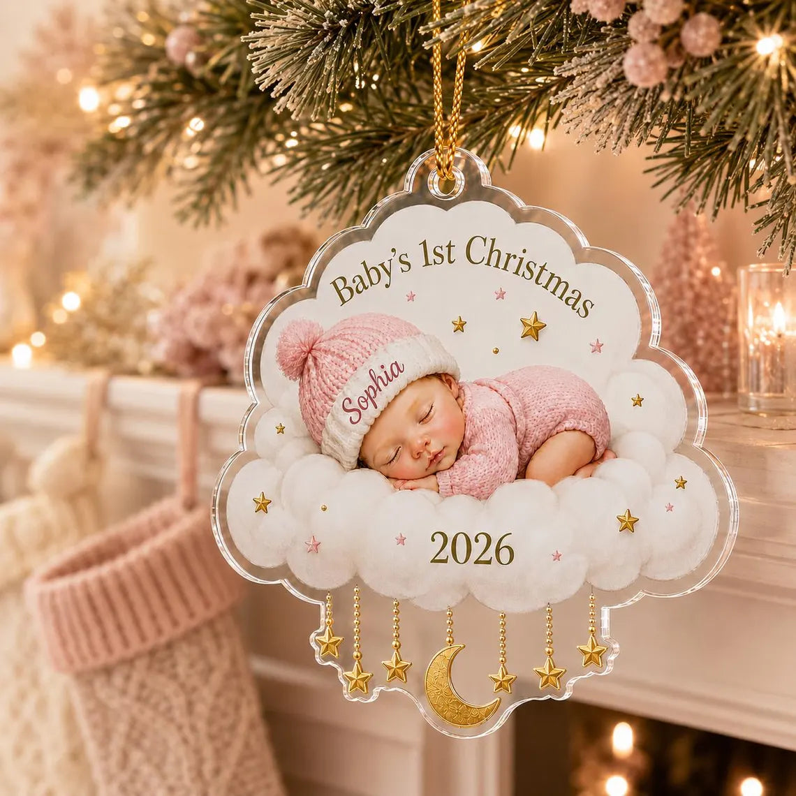 Baby's First Christmas Sleeping Baby Cloud Custom Name Date Acrylic Christmas Ornament Baby