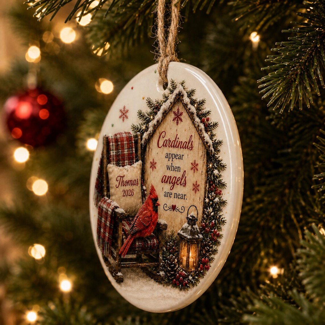 Cardinals Appear When Angels Are Near Memorial Chair Custom Name Date Memorial Round Ceramic Christmas Ornament Memorial