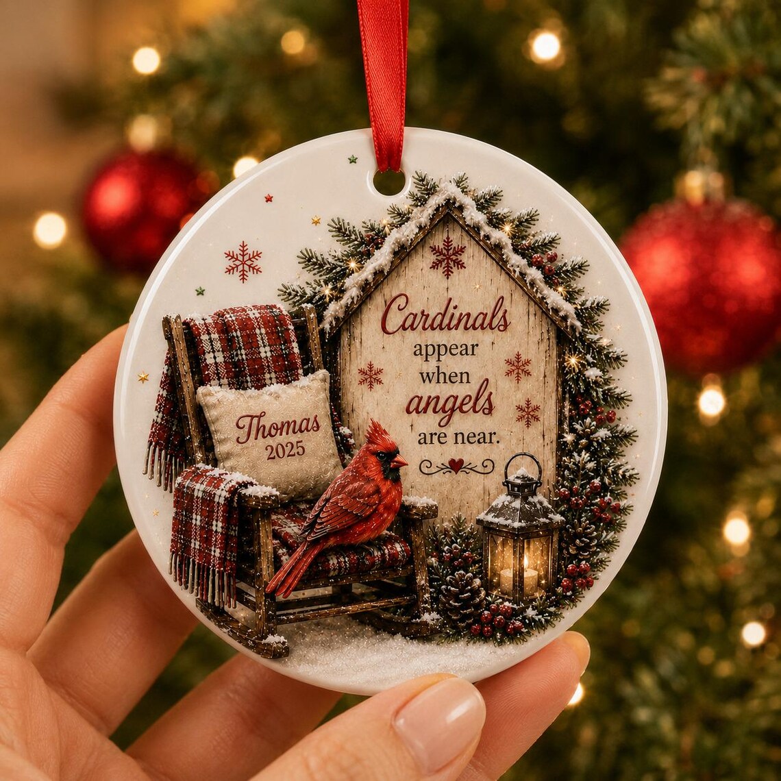 Cardinals Appear When Angels Are Near Memorial Chair Custom Name Date Memorial Round Ceramic Christmas Ornament Memorial