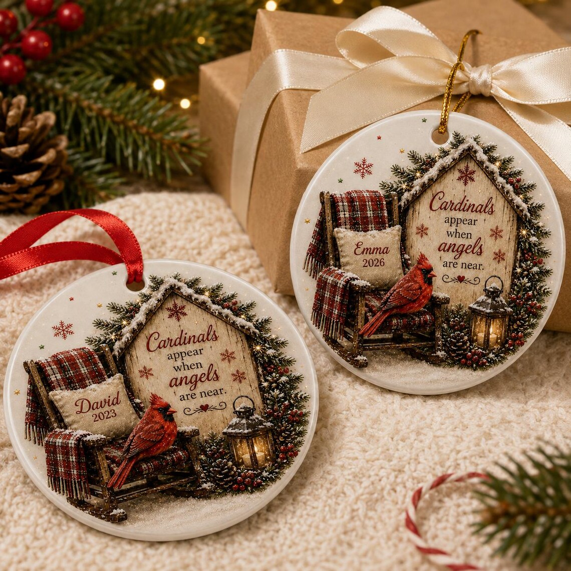 Cardinals Appear When Angels Are Near Memorial Chair Custom Name Date Memorial Round Ceramic Christmas Ornament Memorial