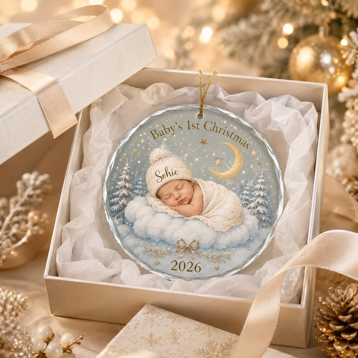 Baby's First Christmas Moon Cloud Custom Name Date Photo Round Glass Christmas Ornament Baby