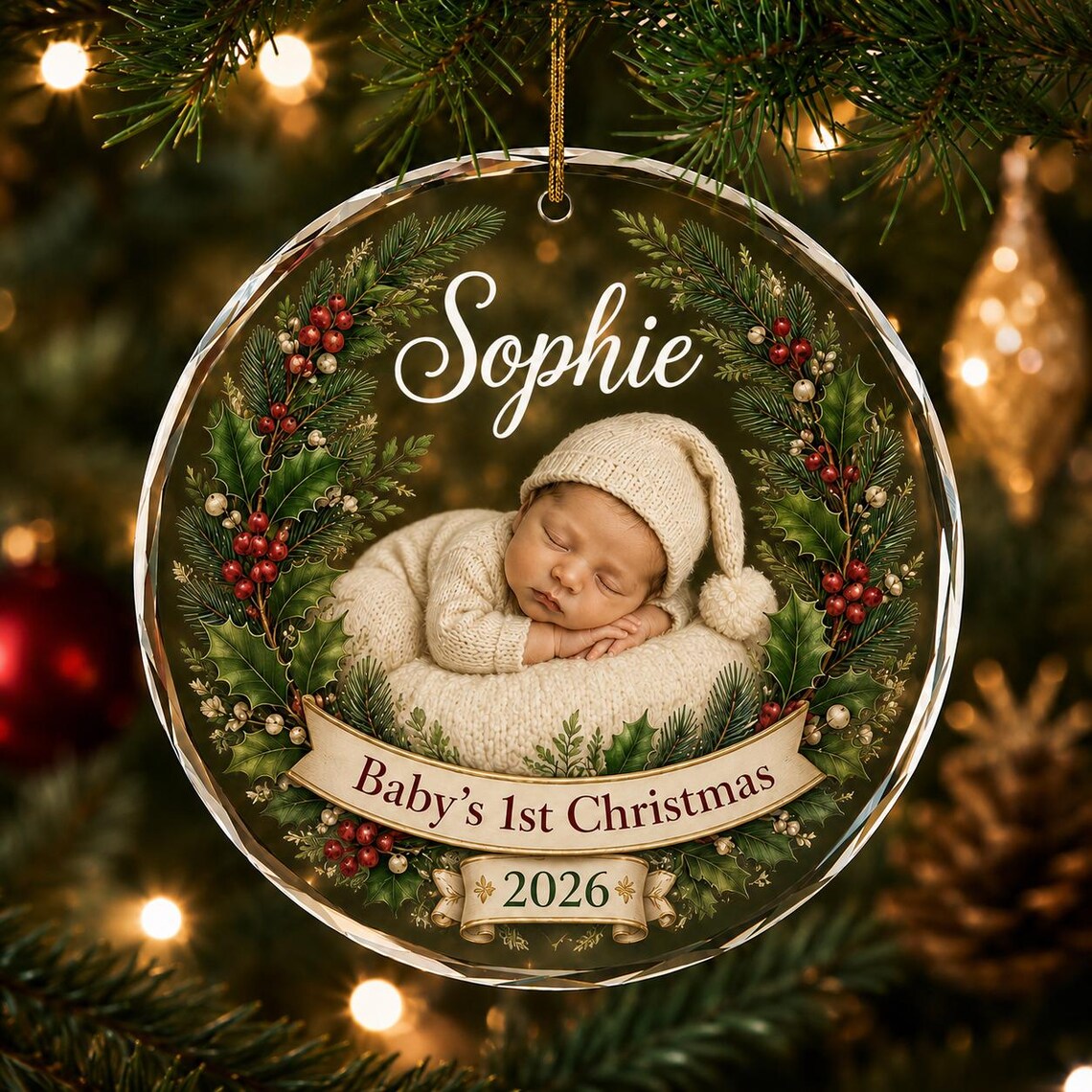 Baby's First Christmas Christmas Wreath Custom Name Date Round Glass Christmas Ornament Baby