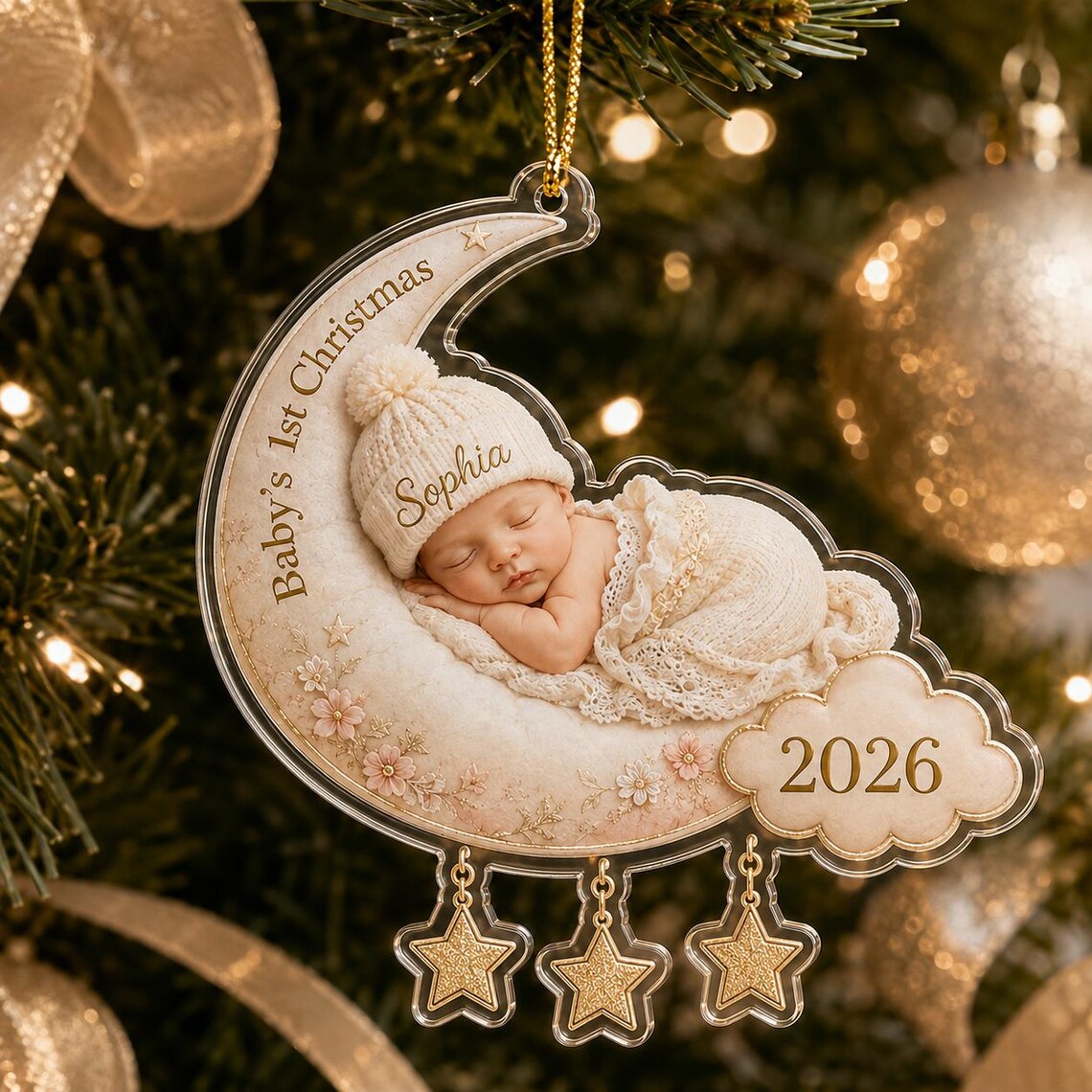 Baby's First Christmas Sleeping Baby Custom Name Date Photo Acrylic Christmas Ornament Baby