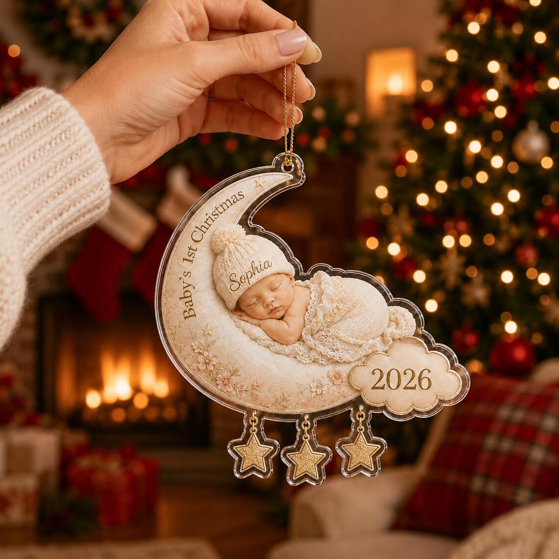 Baby's First Christmas Sleeping Baby Custom Name Date Photo Acrylic Christmas Ornament Baby