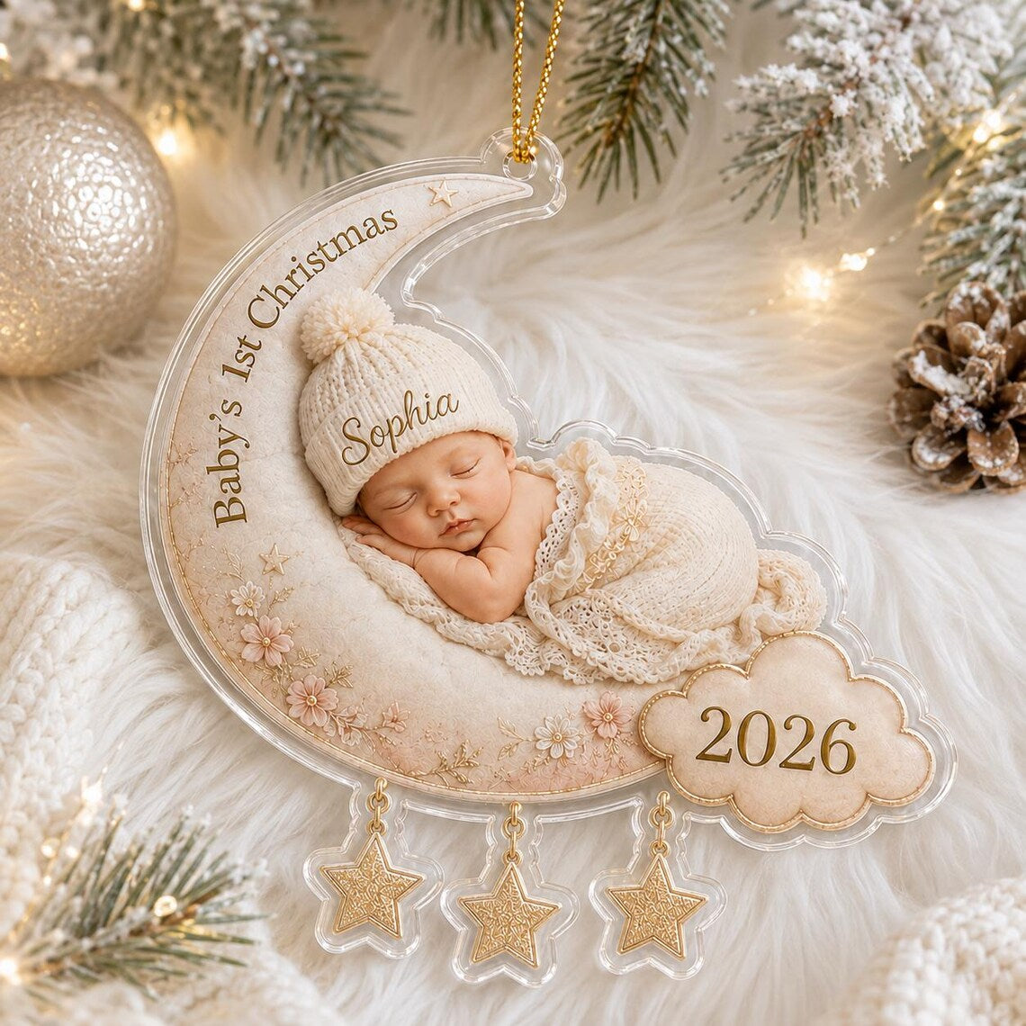 Baby's First Christmas Sleeping Baby Custom Name Date Photo Acrylic Christmas Ornament Baby