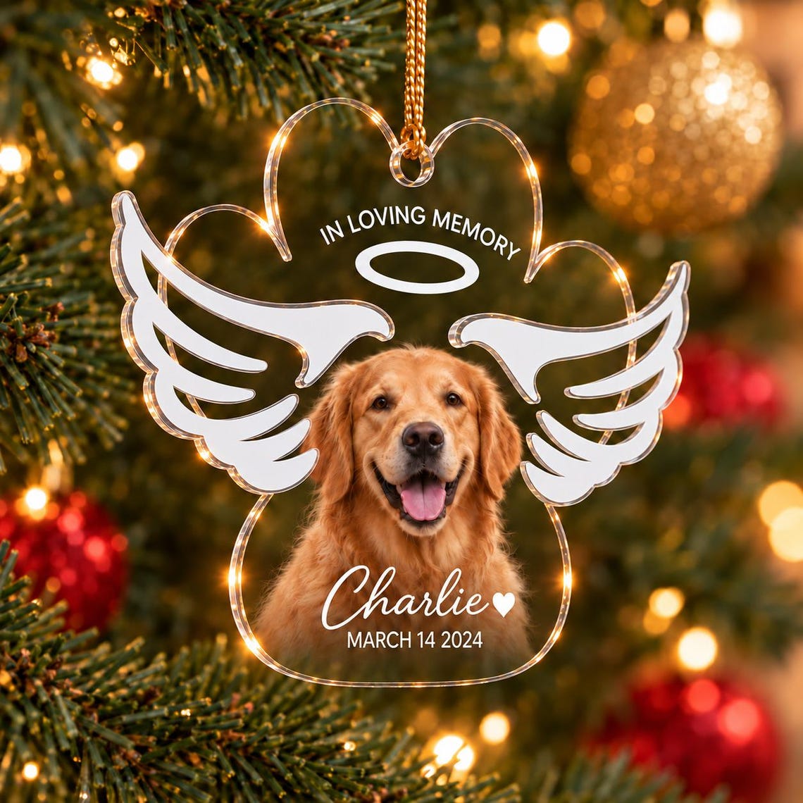 In Loving Memory Angel Wings Custom Name Date Photo Pet Memorial Acrylic Ornament