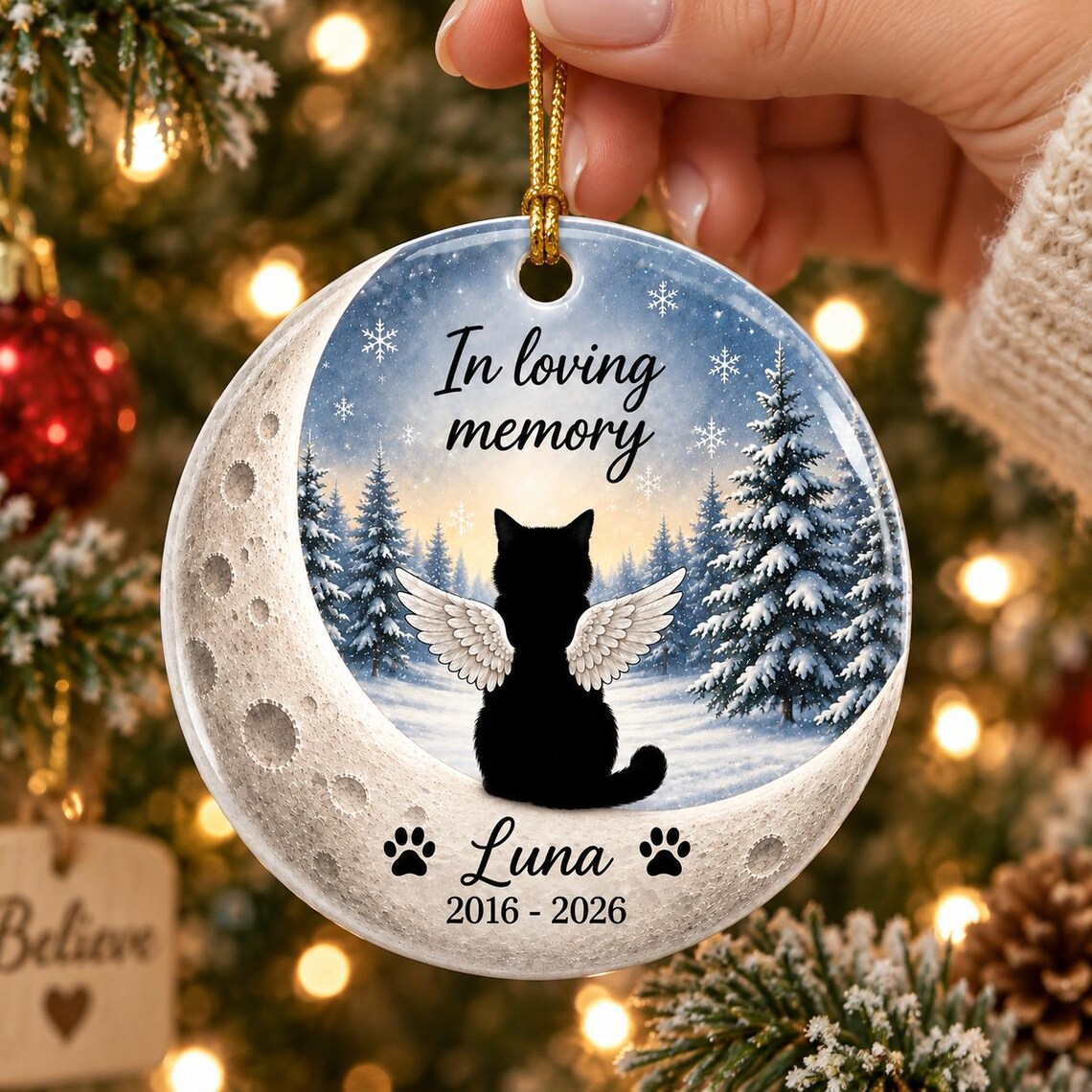 Moon Angel Wings Custom Name Date Pet Memorial Round Ceramic Ornament