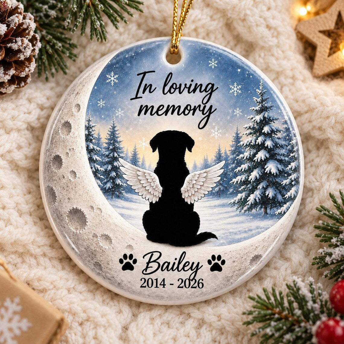 Moon Angel Wings Custom Name Date Pet Memorial Round Ceramic Ornament