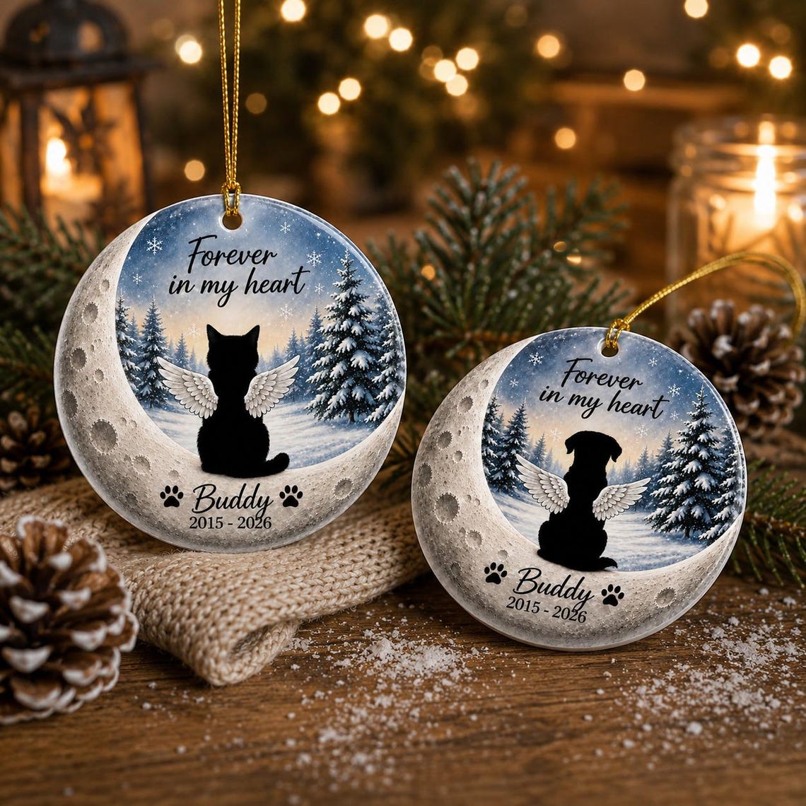 Moon Angel Wings Custom Name Date Pet Memorial Round Ceramic Ornament