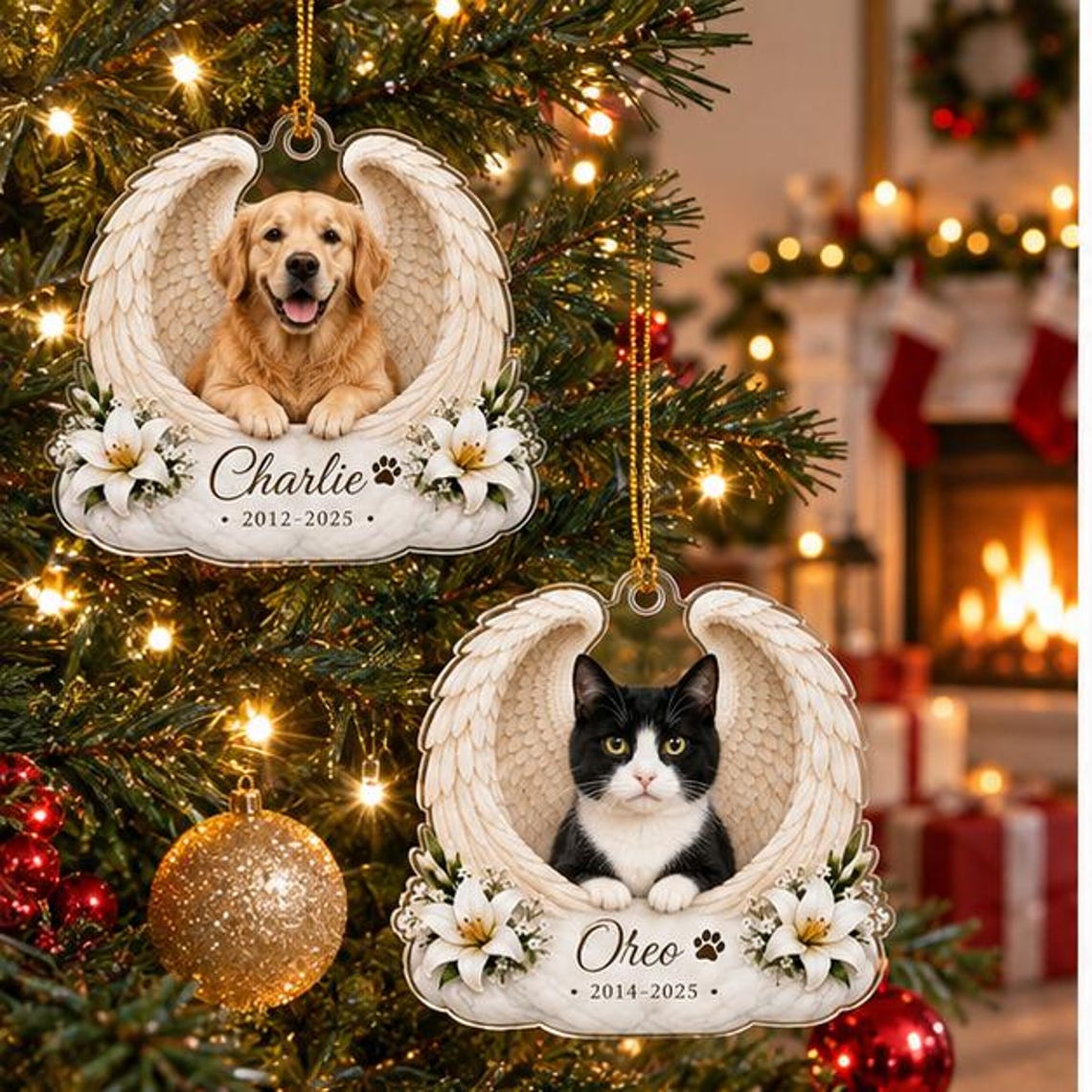 Angel Wings Custom Name Date Photo Pet Memorial Acrylic Ornament