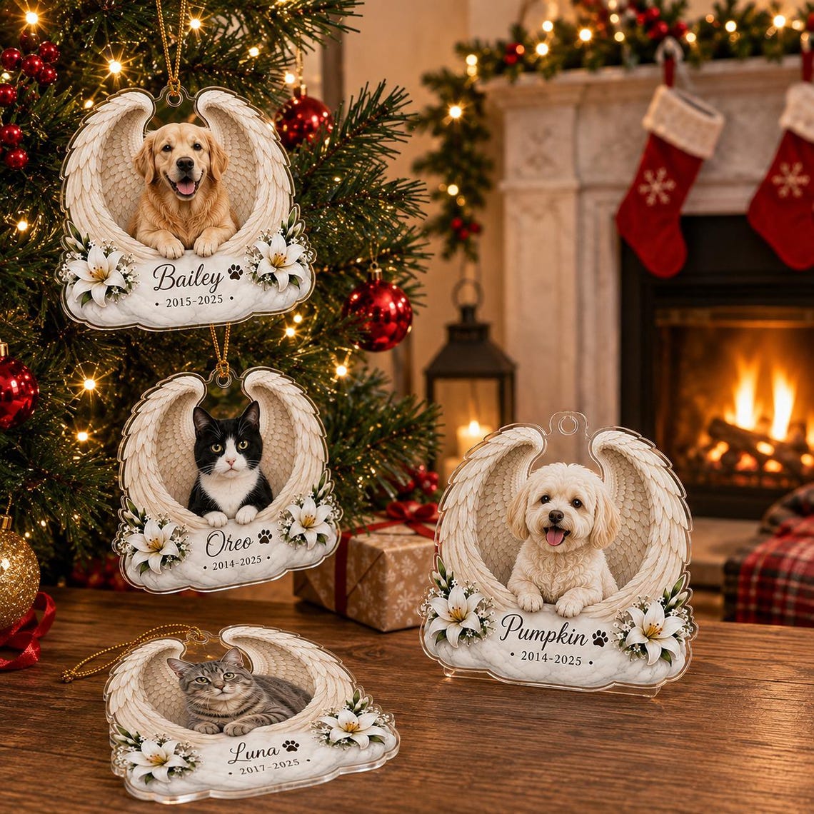 Angel Wings Custom Name Date Photo Pet Memorial Acrylic Ornament