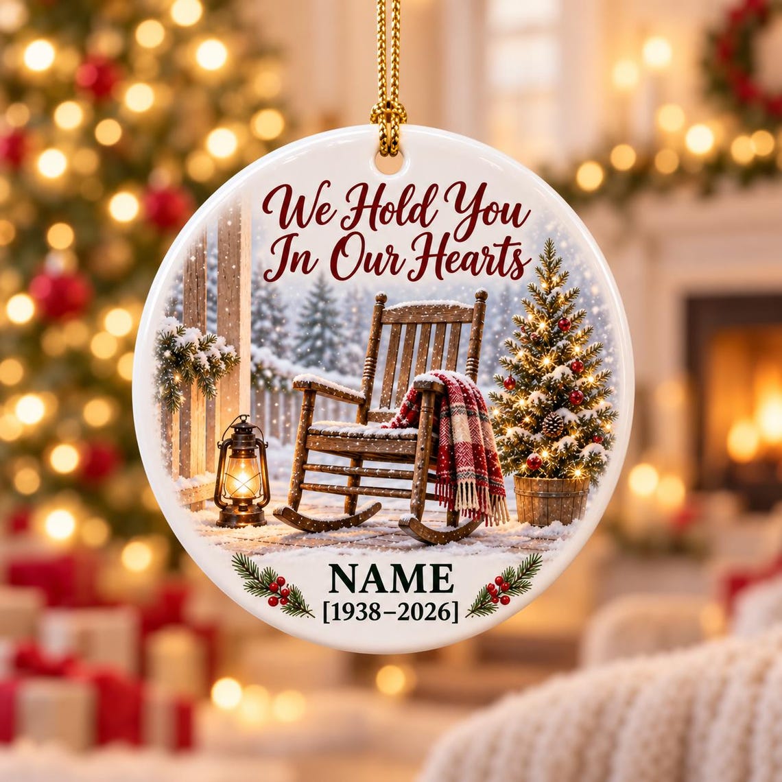 We Hold You In Our Hearts Custom Name Date Memorial for Loved Ones Round Ceramic Ornament