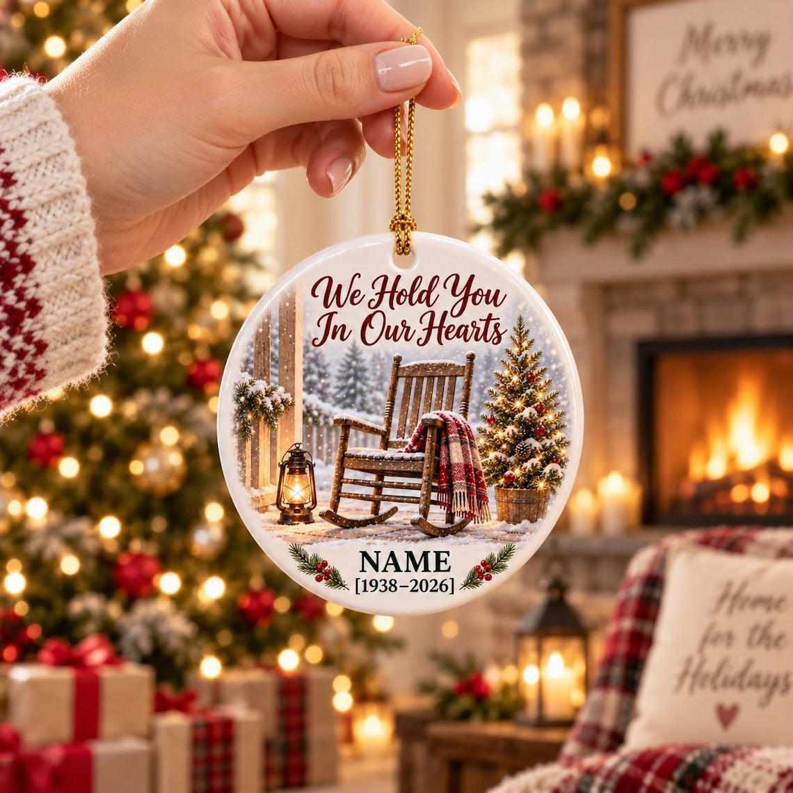 We Hold You In Our Hearts Custom Name Date Memorial for Loved Ones Round Ceramic Ornament