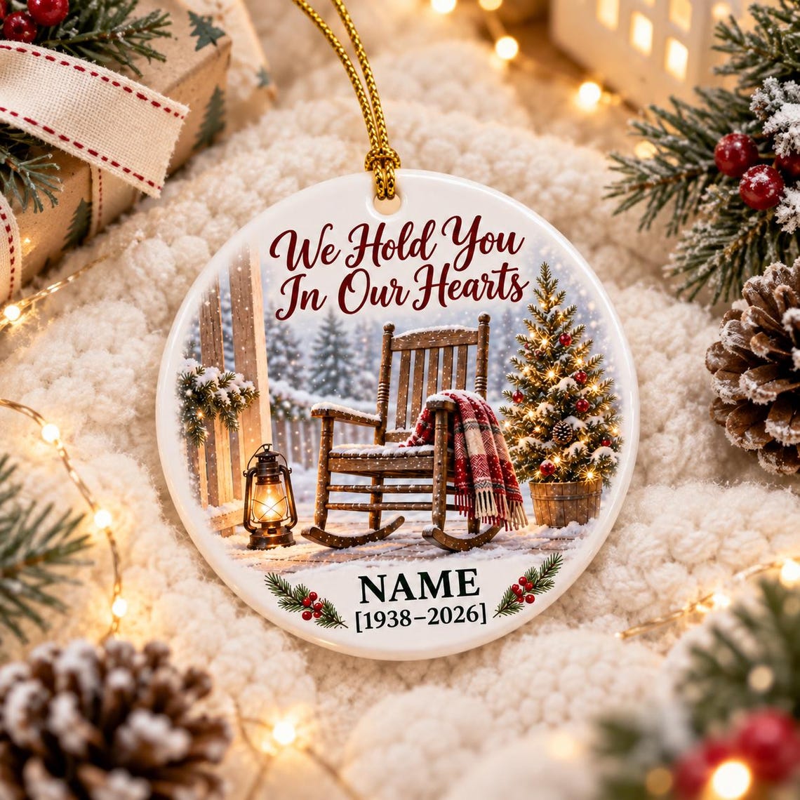We Hold You In Our Hearts Custom Name Date Memorial for Loved Ones Round Ceramic Ornament