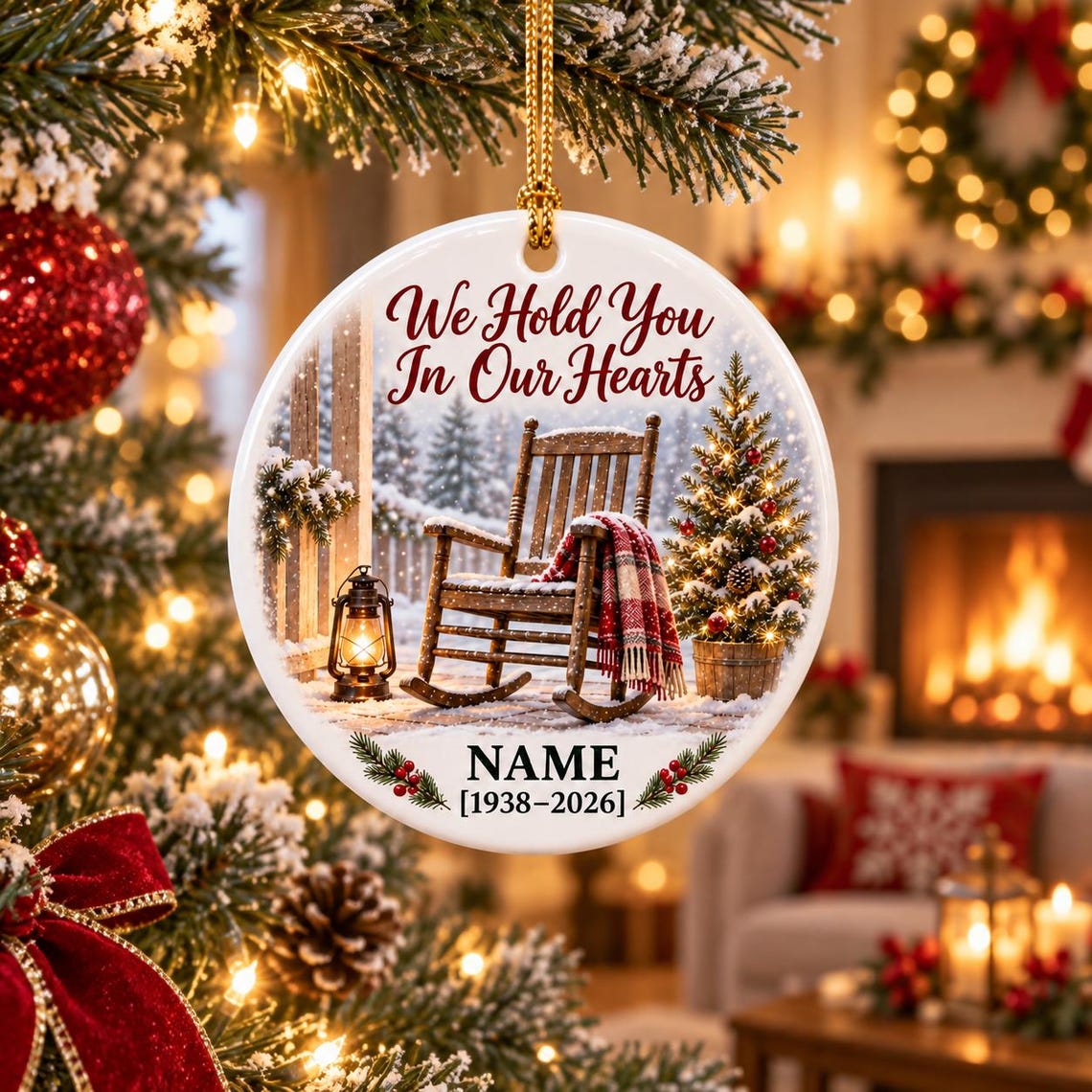 We Hold You In Our Hearts Custom Name Date Memorial for Loved Ones Round Ceramic Ornament