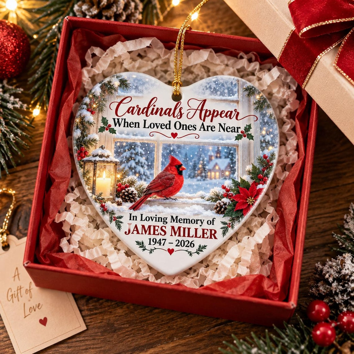 Cardinals Appear When Loved Ones Are Near Custom Name Date Memorial Heart Ceramic Ornament