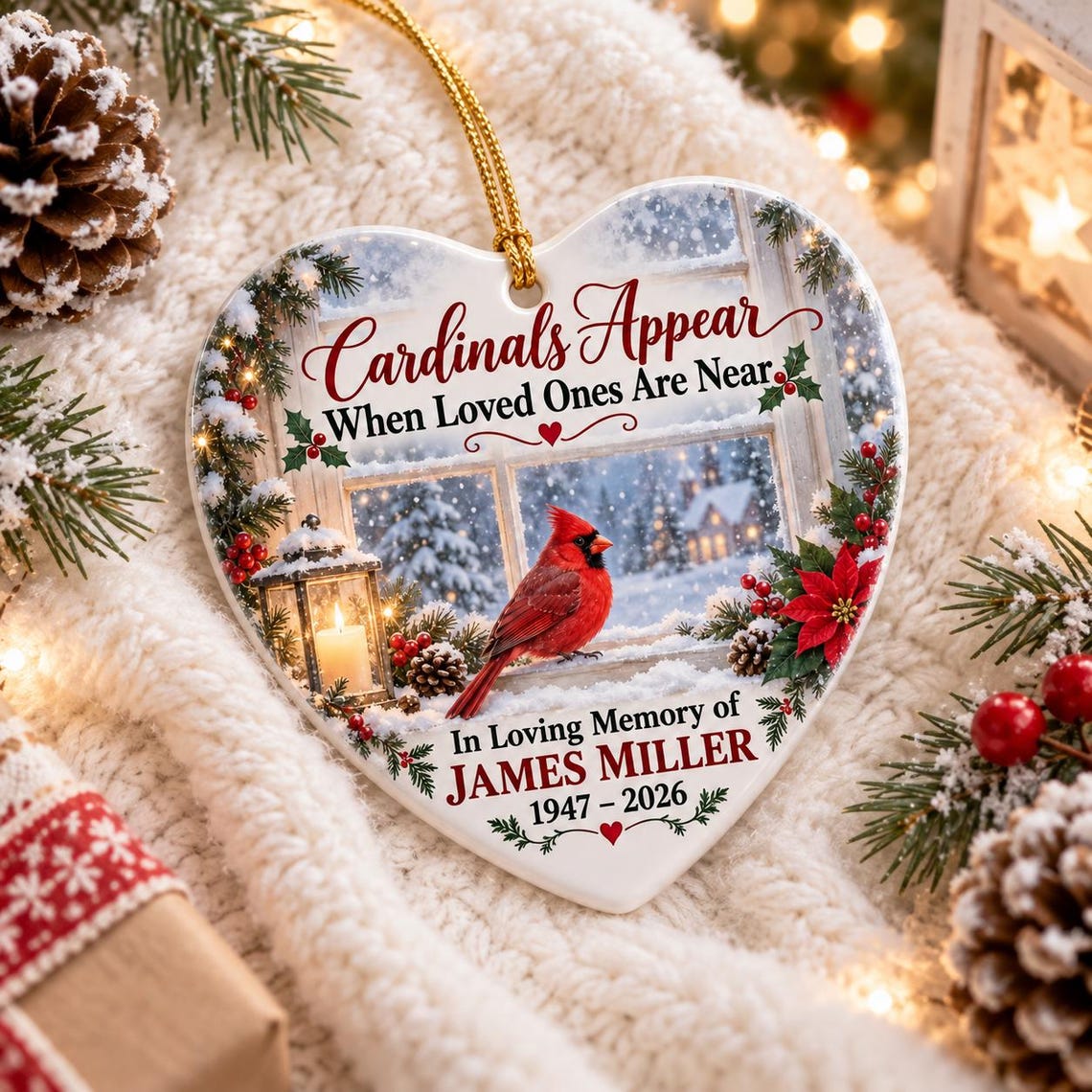 Cardinals Appear When Loved Ones Are Near Custom Name Date Memorial Heart Ceramic Ornament