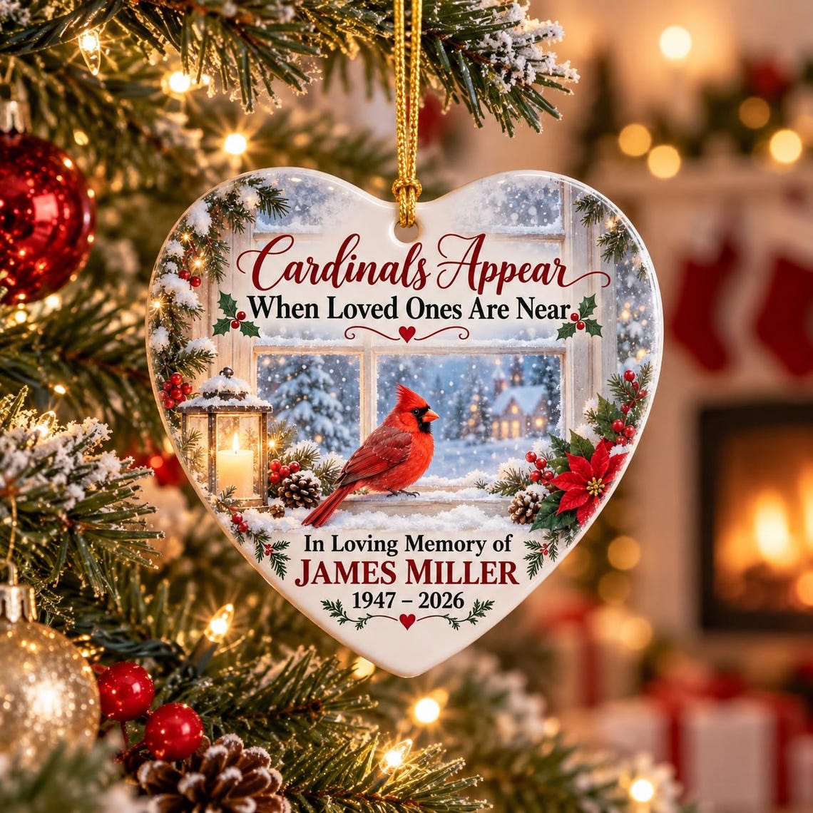 Cardinals Appear When Loved Ones Are Near Custom Name Date Memorial Heart Ceramic Ornament