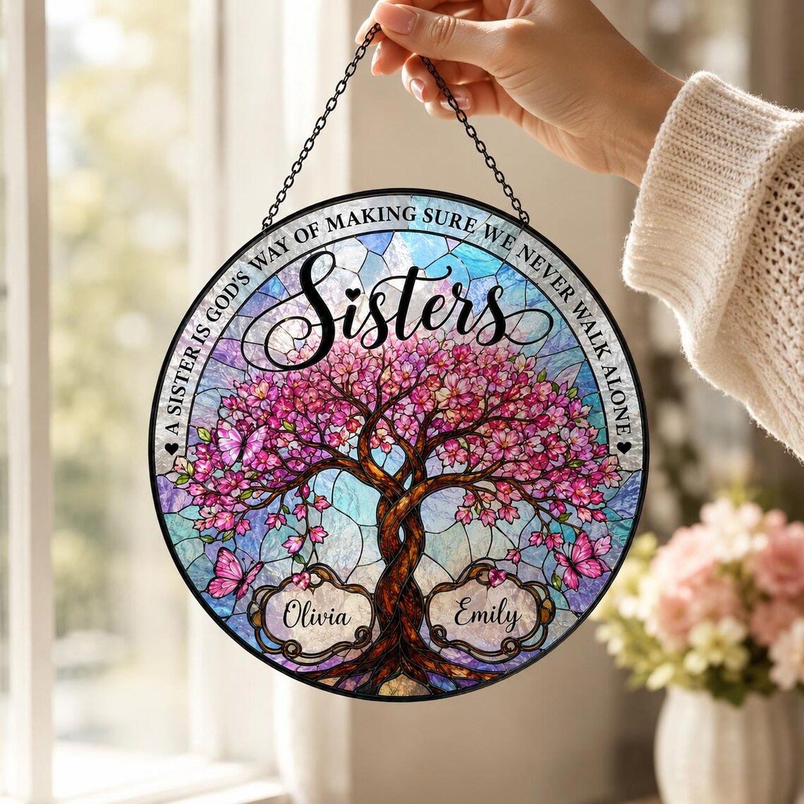 Sisters Floral Tree of Life Custom Name Sisters Stained Glass Suncatcher Ornament