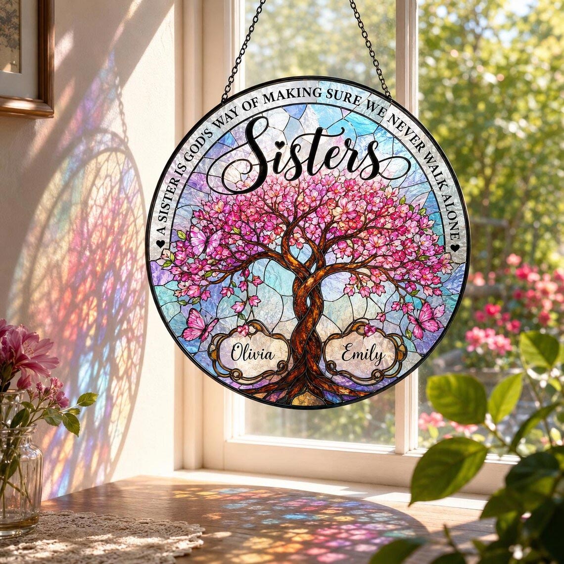 Sisters Floral Tree of Life Custom Name Sisters Stained Glass Suncatcher Ornament