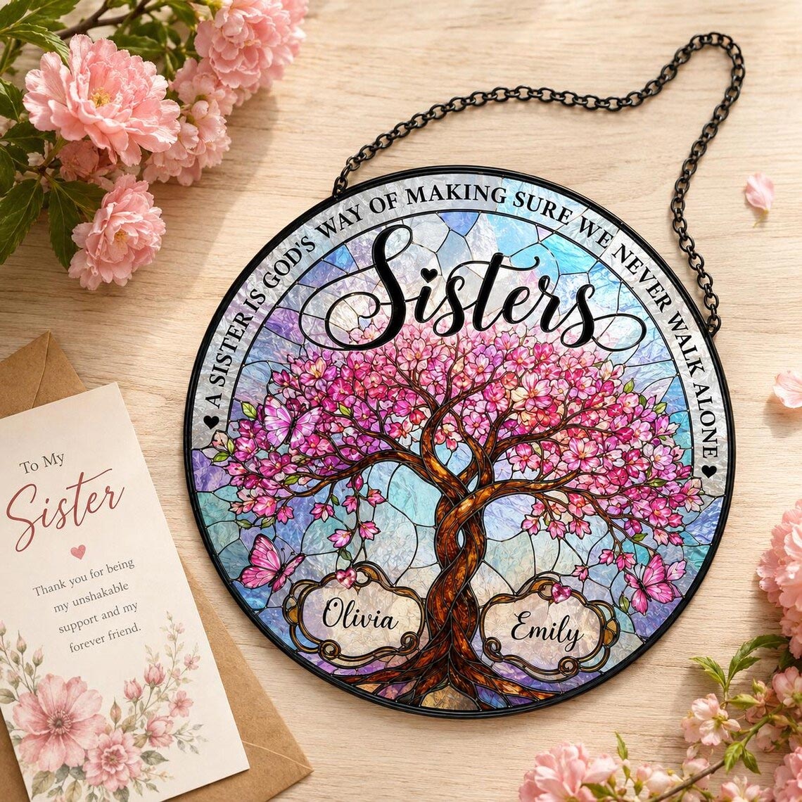 Sisters Floral Tree of Life Custom Name Sisters Stained Glass Suncatcher Ornament
