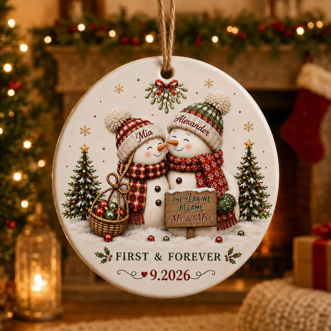 First & Forever Snowman Couple Custom Name Date Couple Round Ceramic Christmas Ornament