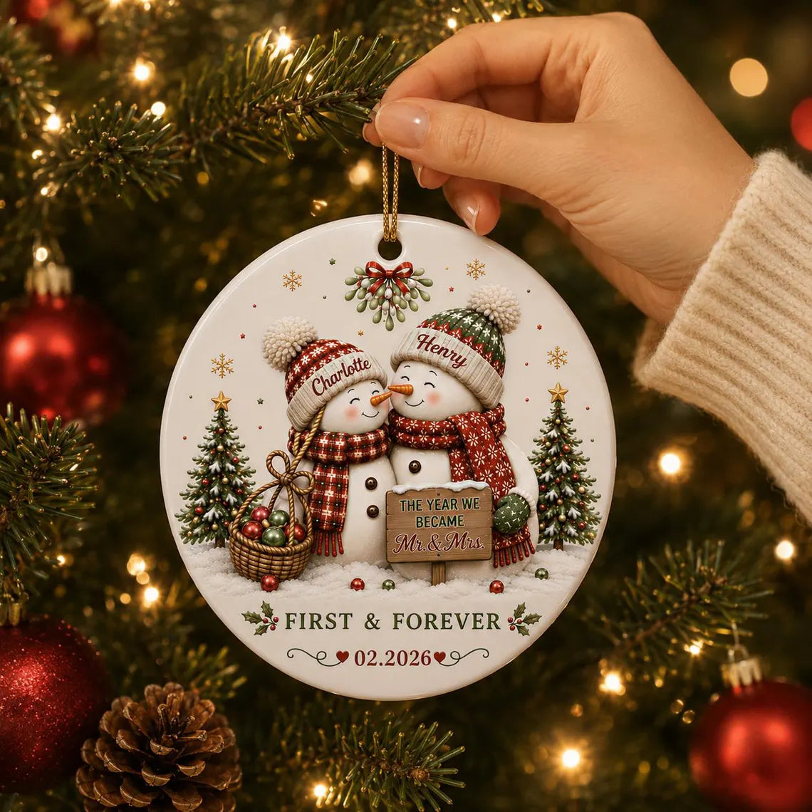 First & Forever Snowman Couple Custom Name Date Couple Round Ceramic Christmas Ornament