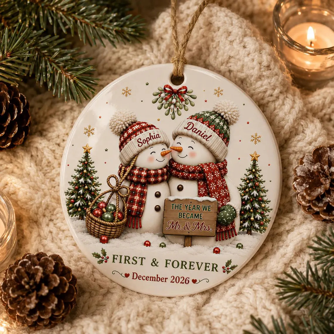 First & Forever Snowman Couple Custom Name Date Couple Round Ceramic Christmas Ornament