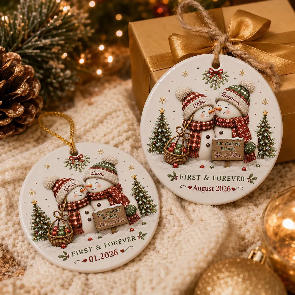 First & Forever Snowman Couple Custom Name Date Couple Round Ceramic Christmas Ornament