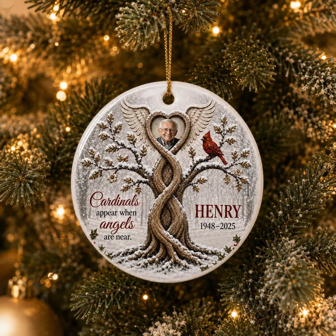 Cardinals Appear When Angels Are Near Custom Name Date Photo Memorial for Loved Ones Round Ceramic