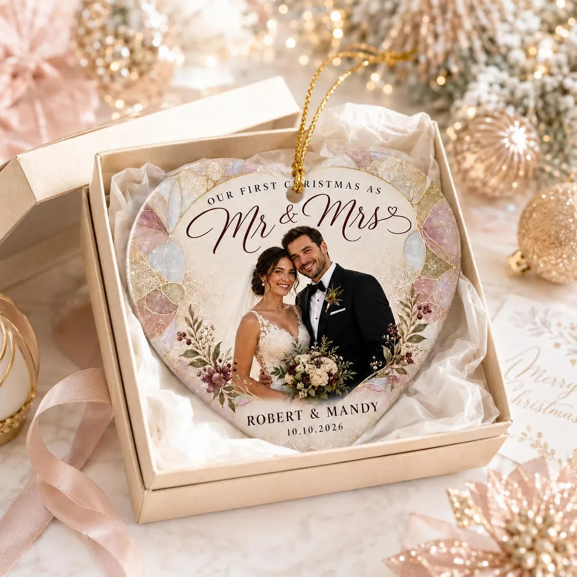 Our First Christmas as Mr & Mrs Custom Name Date Photo First Married Christmas Heart Ceramic Christmas Ornament Newlywed Keepsake Gift