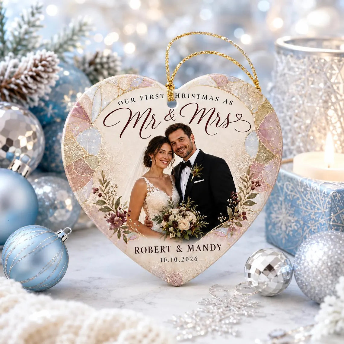 Our First Christmas as Mr & Mrs Custom Name Date Photo First Married Christmas Heart Ceramic Christmas Ornament Newlywed Keepsake Gift