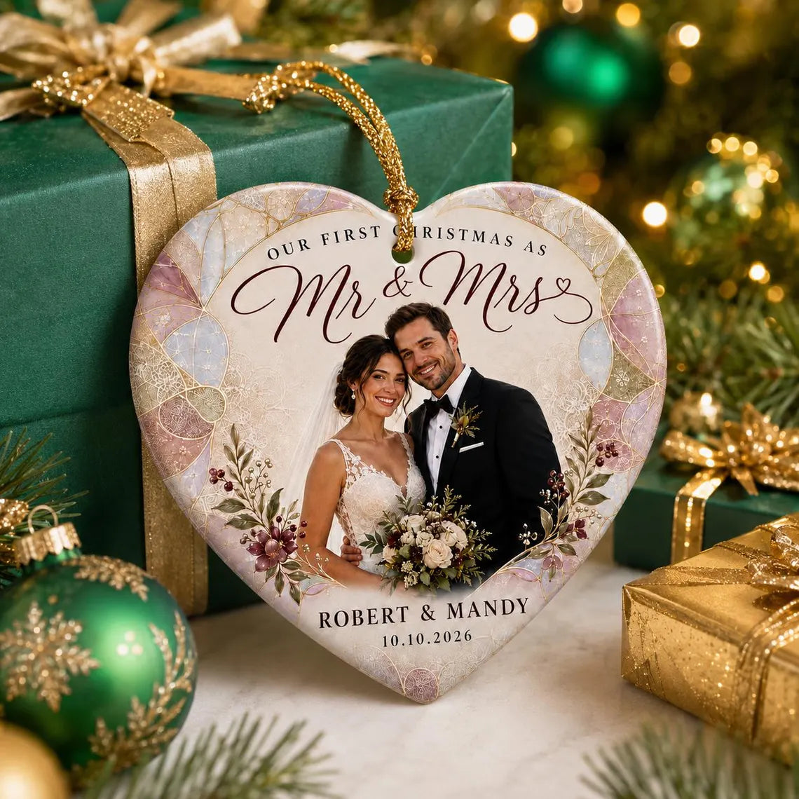 Our First Christmas as Mr & Mrs Custom Name Date Photo First Married Christmas Heart Ceramic Christmas Ornament Newlywed Keepsake Gift