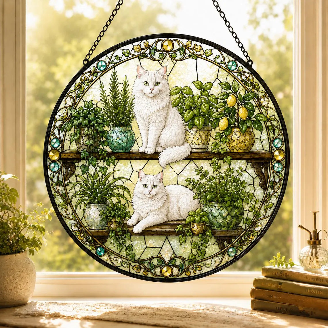Floral Cats Garden Cat Stained Glass Suncatcher Ornament Window