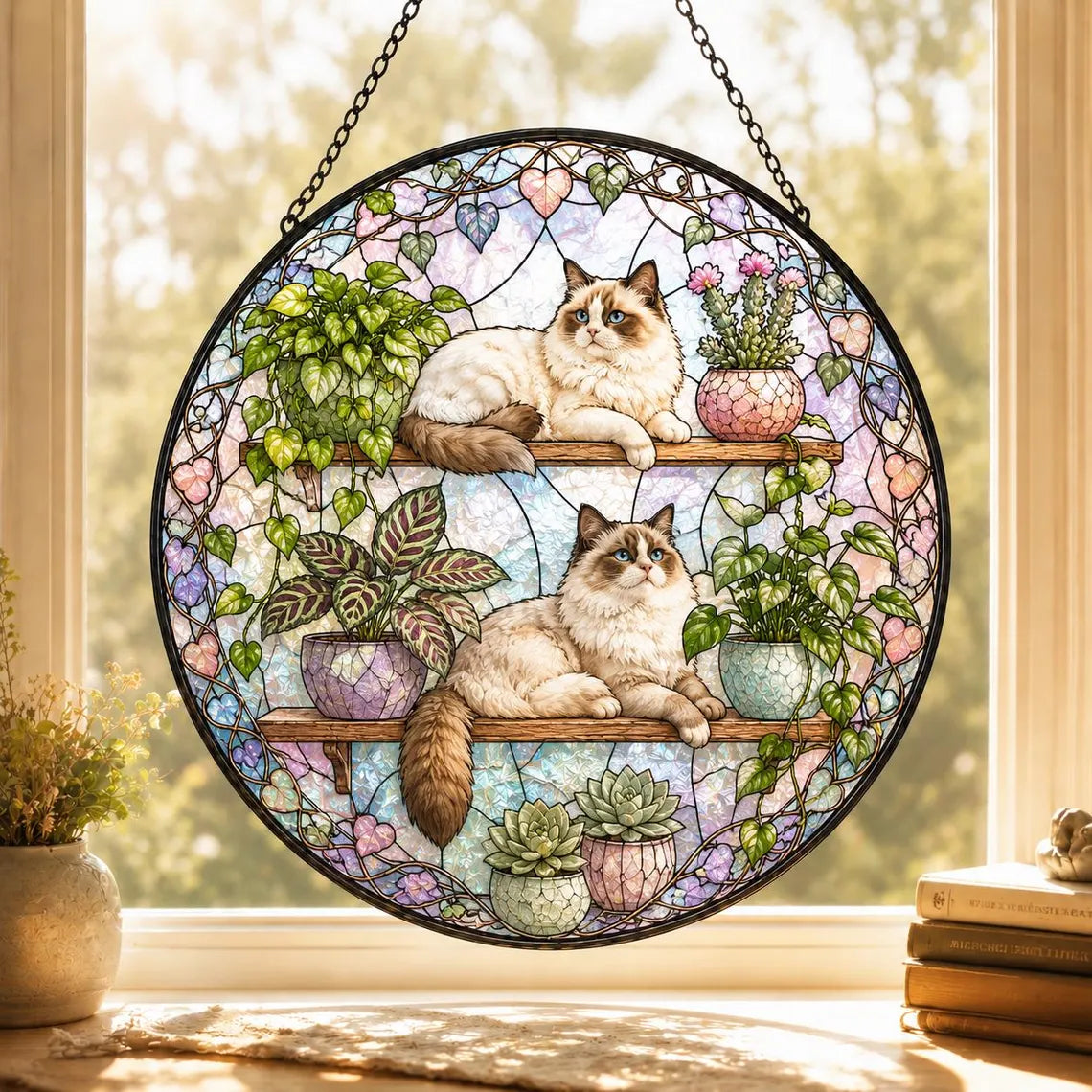 Floral Cats Garden Cat Stained Glass Suncatcher Ornament Window