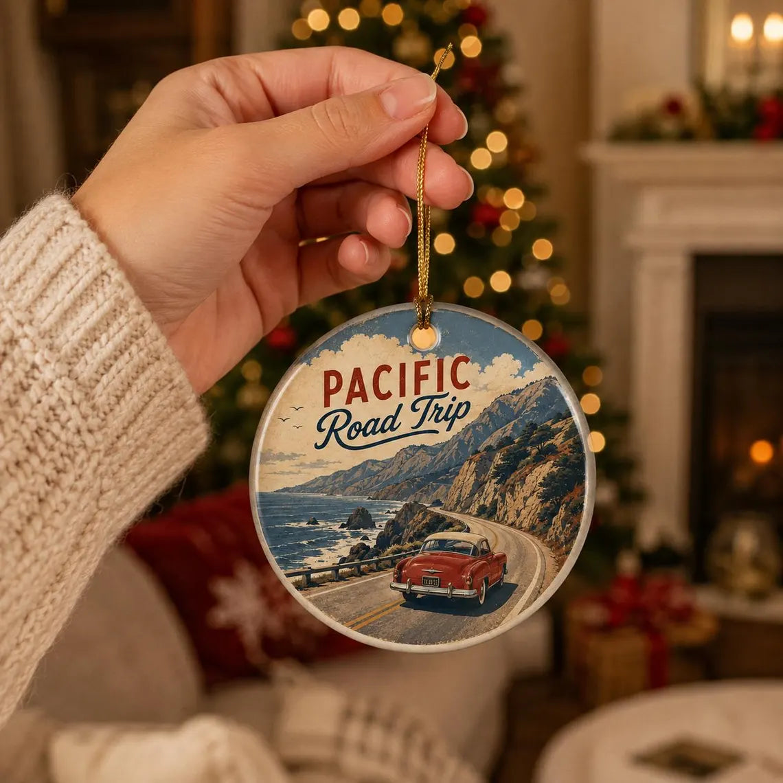 Pacific Road Trip Round Ceramic Christmas Ornament