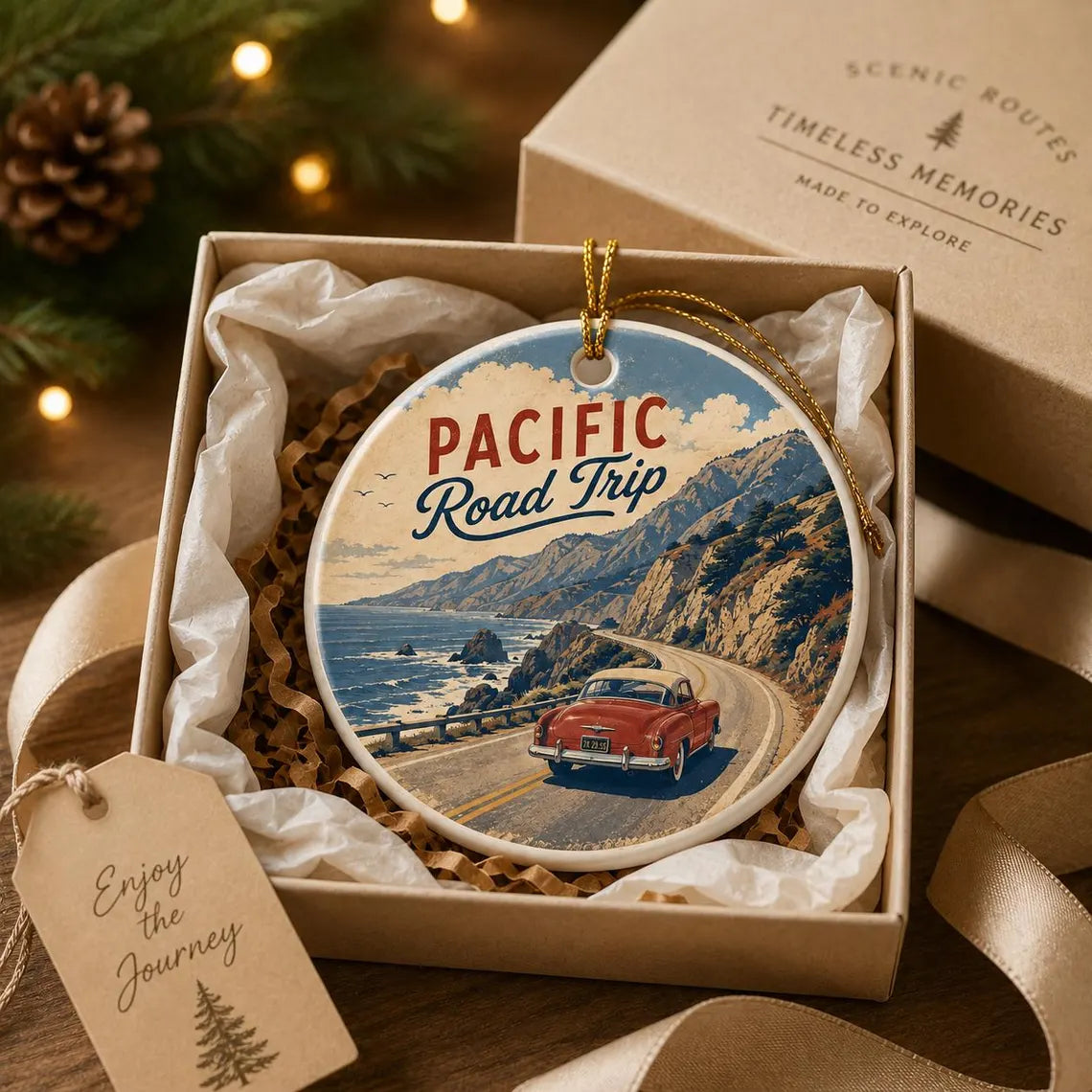 Pacific Road Trip Round Ceramic Christmas Ornament