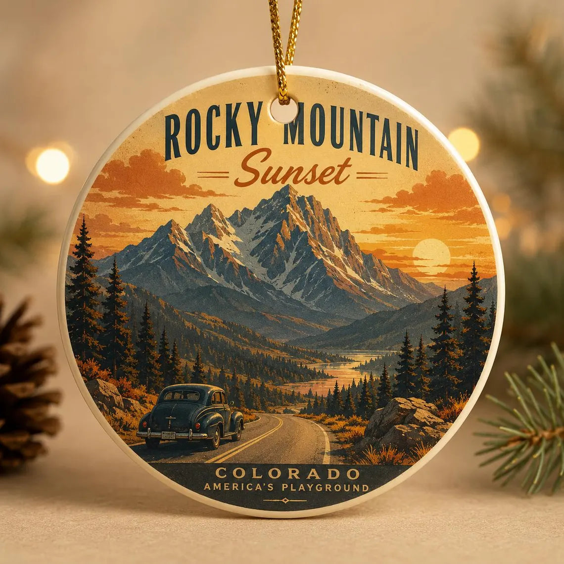 Rocky Mountain Sunset Colorado Round Ceramic Christmas Ornament