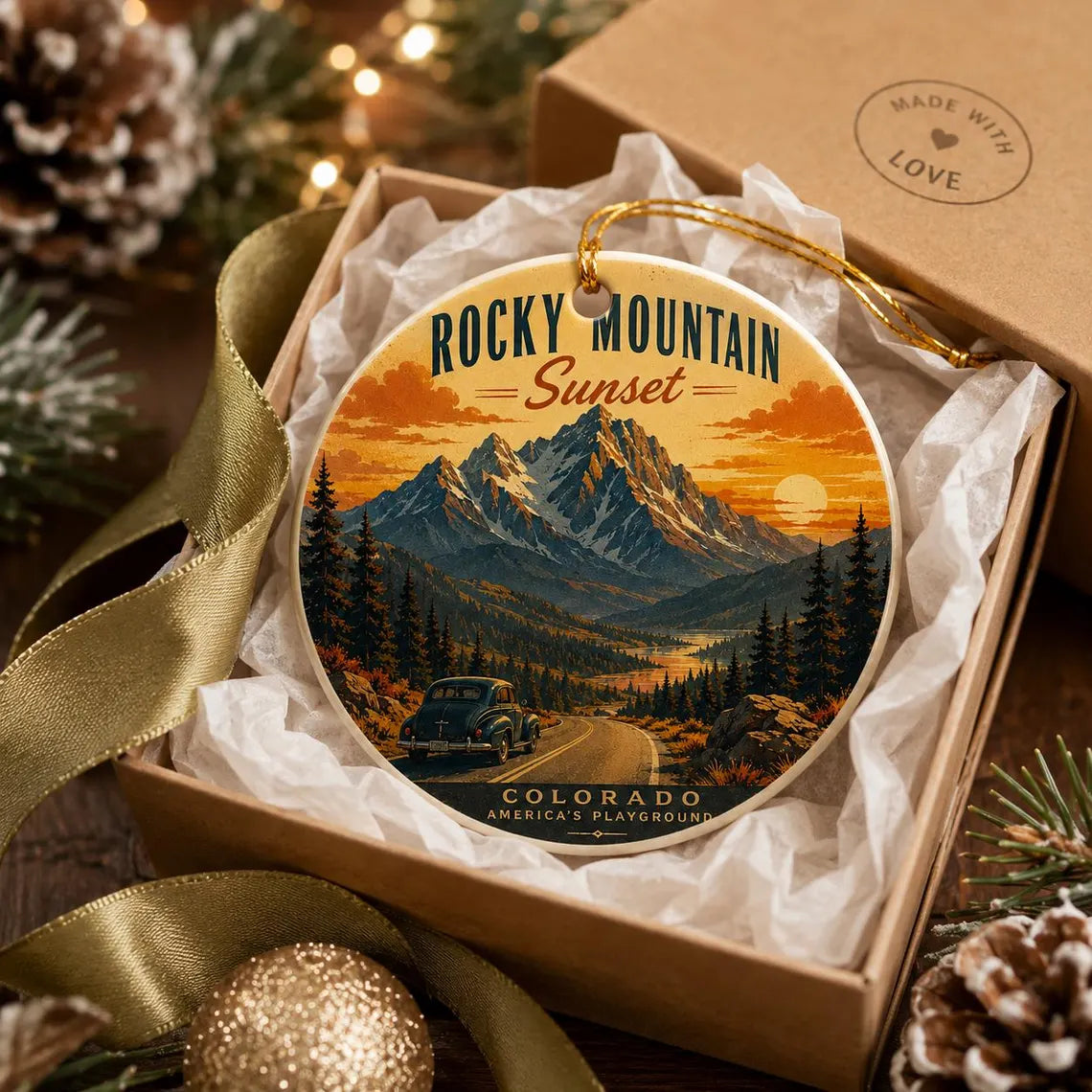 Rocky Mountain Sunset Colorado Round Ceramic Christmas Ornament