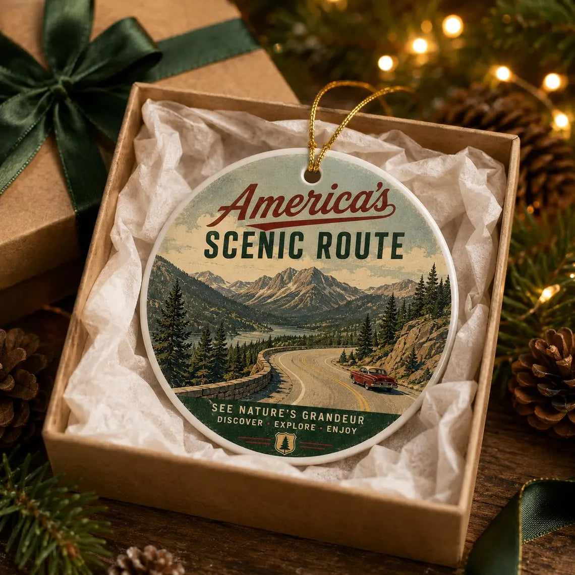 America's Scenic Route Round Ceramic Christmas Ornament