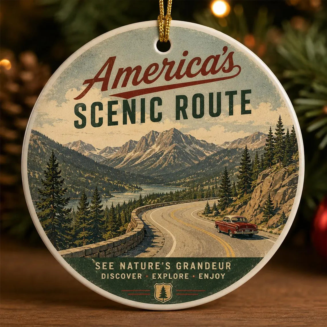 America's Scenic Route Round Ceramic Christmas Ornament